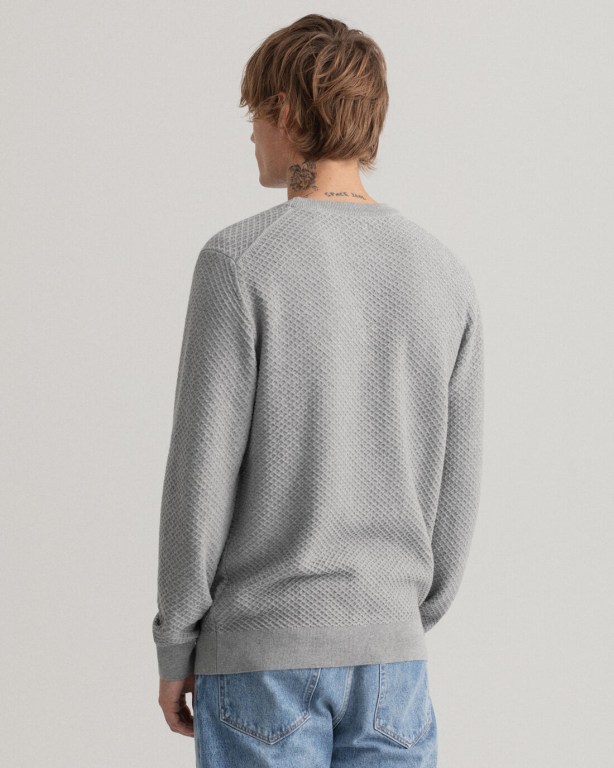 Gant Cotton Texture Crew Neck Men's Crewneck Jumpers Grey | rwhLOuVXB27