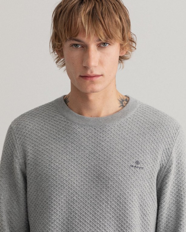 Gant Cotton Texture Crew Neck Men's Crewneck Jumpers Grey | rwhLOuVXB27