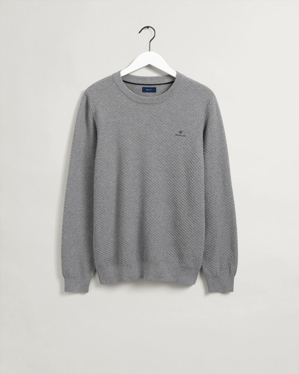 Gant Cotton Texture Crew Neck Men's Crewneck Jumpers Grey | rwhLOuVXB27