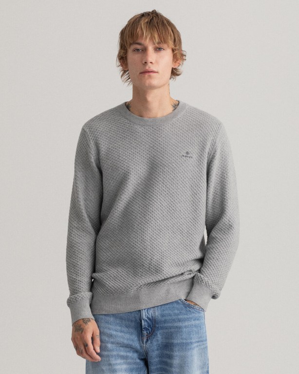 Gant Cotton Texture Crew Neck Men\'s Crewneck Jumpers Grey | rwhLOuVXB27