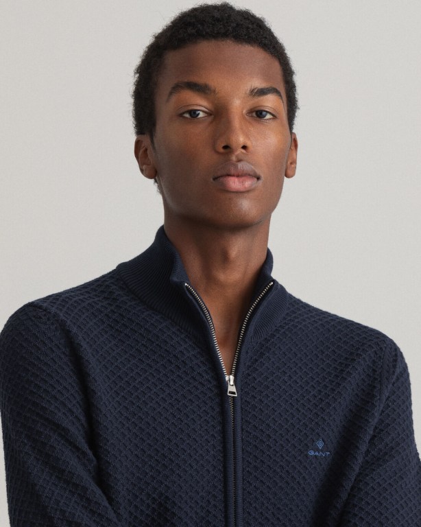 Gant Cotton Texture Full-Zip Men's Full Zip Jumpers Blue | 4kTjdNLPan9