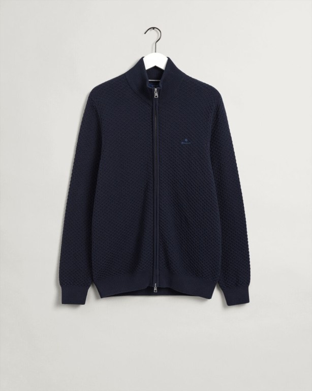 Gant Cotton Texture Full-Zip Men's Full Zip Jumpers Blue | 4kTjdNLPan9