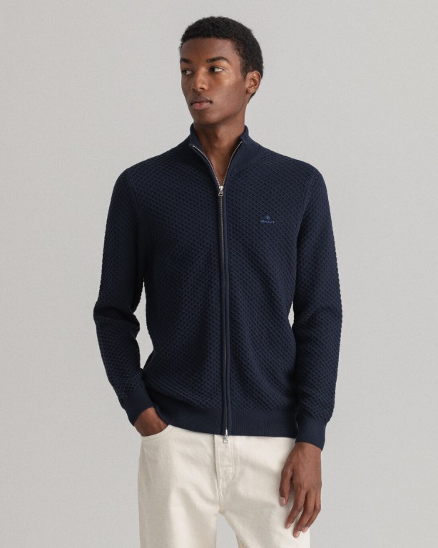 Gant Cotton Texture Full-Zip Men\'s Full Zip Jumpers Blue | 4kTjdNLPan9