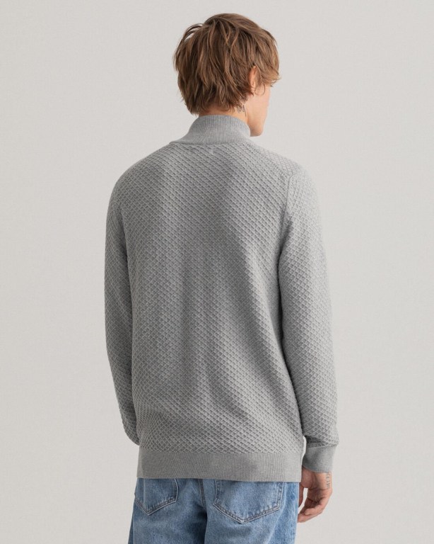 Gant Cotton Texture Full-Zip Men's Full Zip Jumpers Grey | bB6lsVrYXmj