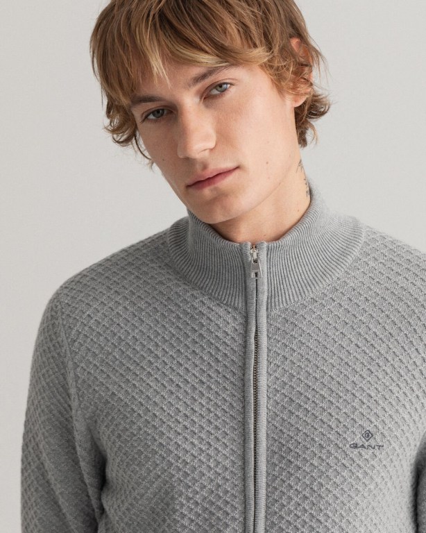 Gant Cotton Texture Full-Zip Men's Full Zip Jumpers Grey | bB6lsVrYXmj