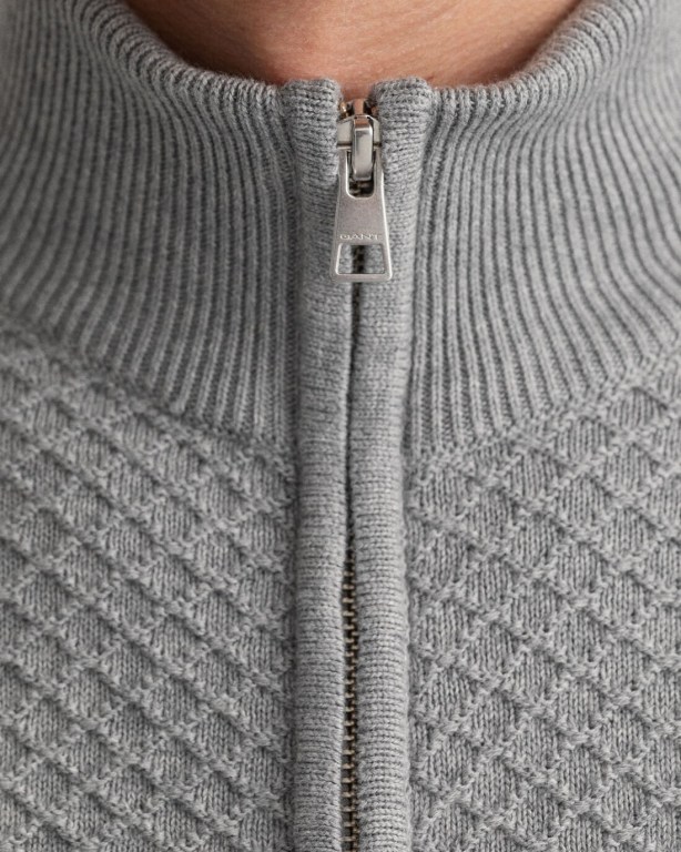 Gant Cotton Texture Full-Zip Men's Full Zip Jumpers Grey | bB6lsVrYXmj