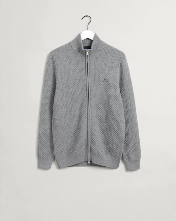 Gant Cotton Texture Full-Zip Men's Full Zip Jumpers Grey | bB6lsVrYXmj