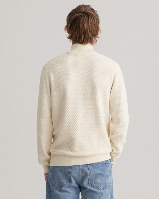 Gant Cotton Texture Men's Half Zip Jumpers Cream | 8otuIa9EHgL