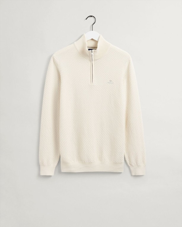 Gant Cotton Texture Men's Half Zip Jumpers Cream | 8otuIa9EHgL