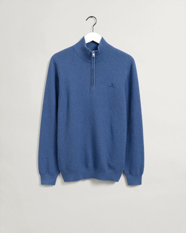 Gant Cotton Texture Men's Half Zip Jumpers Blue | IBeP22oGXjq