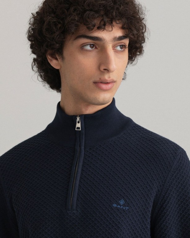 Gant Cotton Texture Men's Half Zip Jumpers Blue | LKtJIGRsMu5