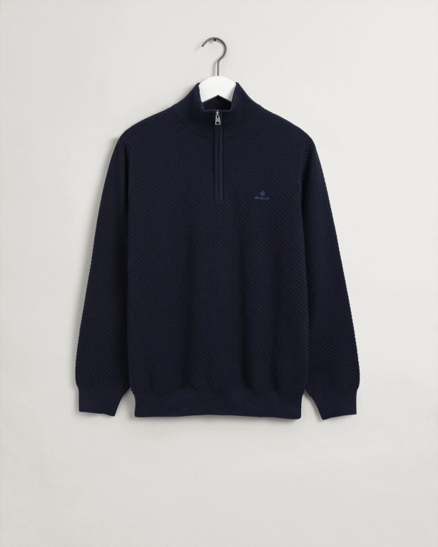 Gant Cotton Texture Men's Half Zip Jumpers Blue | LKtJIGRsMu5