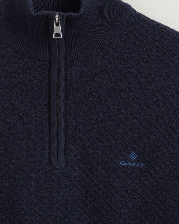 Gant Cotton Texture Men's Half Zip Jumpers Blue | LKtJIGRsMu5