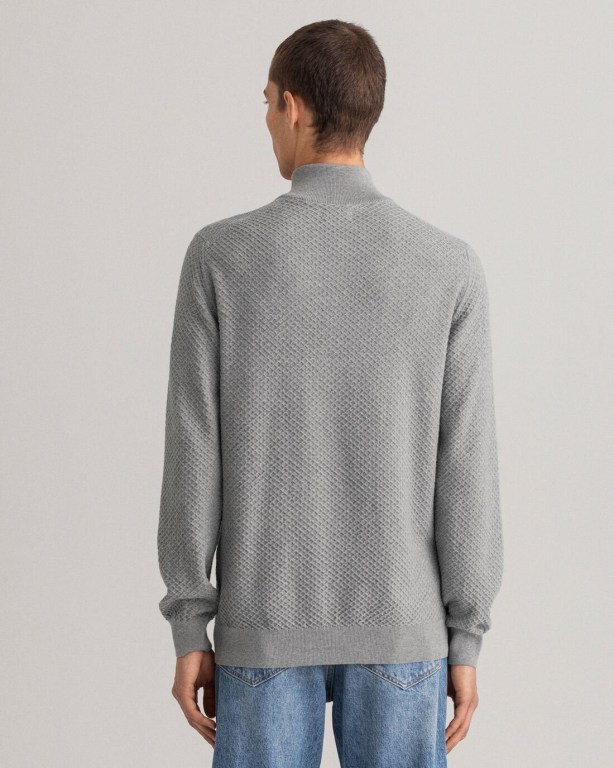 Gant Cotton Texture Men's Half Zip Jumpers Grey | d69nyPSMRgV