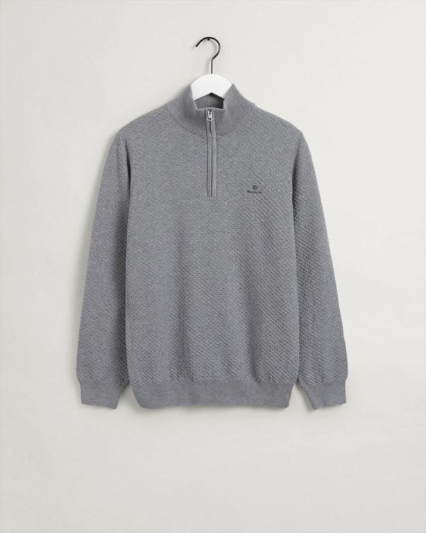 Gant Cotton Texture Men's Half Zip Jumpers Grey | d69nyPSMRgV