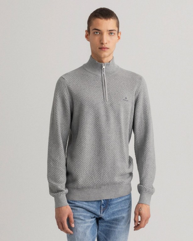 Gant Cotton Texture Men\'s Half Zip Jumpers Grey | d69nyPSMRgV