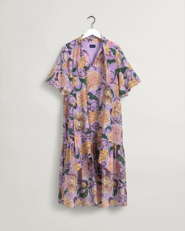 Gant Dahlia Print Cotton Silk Women's Dresses Purple | eHGrsUBYCHZ