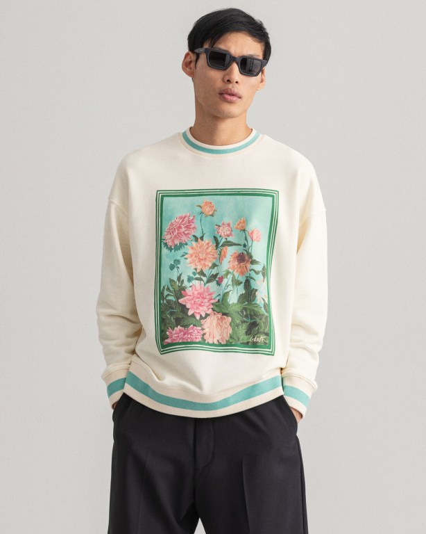 Gant Dahlia Print Crew Neck Men\'s Sweatshirts Cream | IU7bn04c3HS