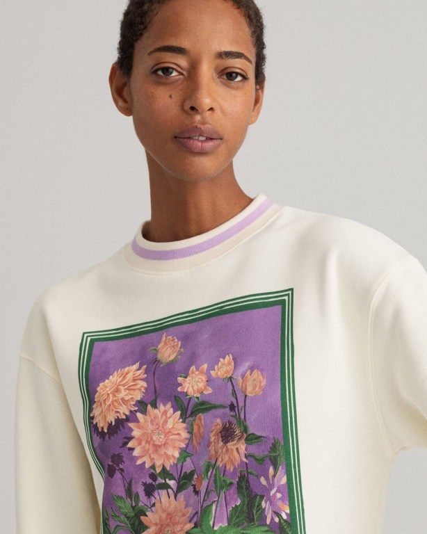 Gant Dahlia Print Crew Neck Women's Sweatshirts Cream | 8hK5CMHQ9zD