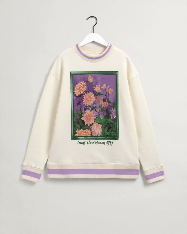 Gant Dahlia Print Crew Neck Women's Sweatshirts Cream | 8hK5CMHQ9zD