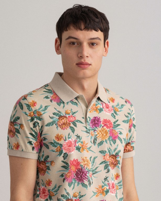 Gant Dahlia Print Piqué Men's Polo Shirts White | CFwwjL8fqOP