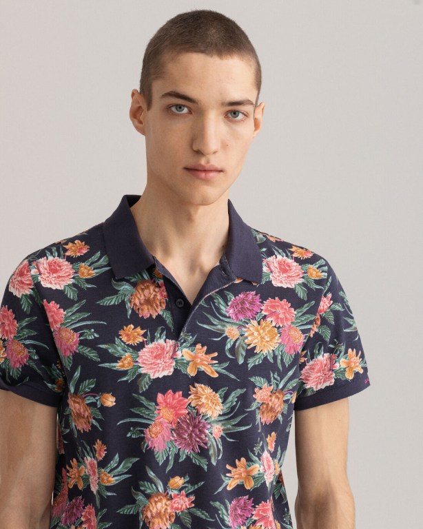 Gant Dahlia Print Piqué Men's Polo Shirts Blue | zHWPbv8vO2F