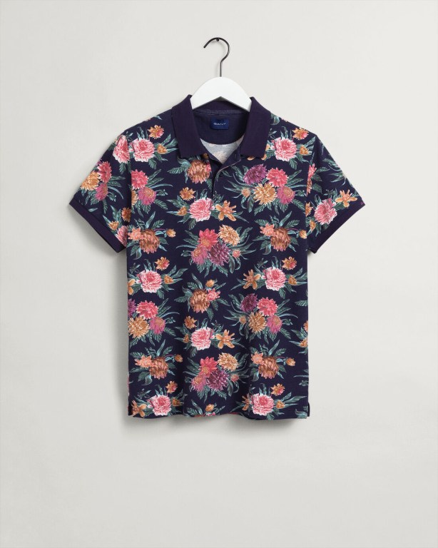 Gant Dahlia Print Piqué Men's Polo Shirts Blue | zHWPbv8vO2F