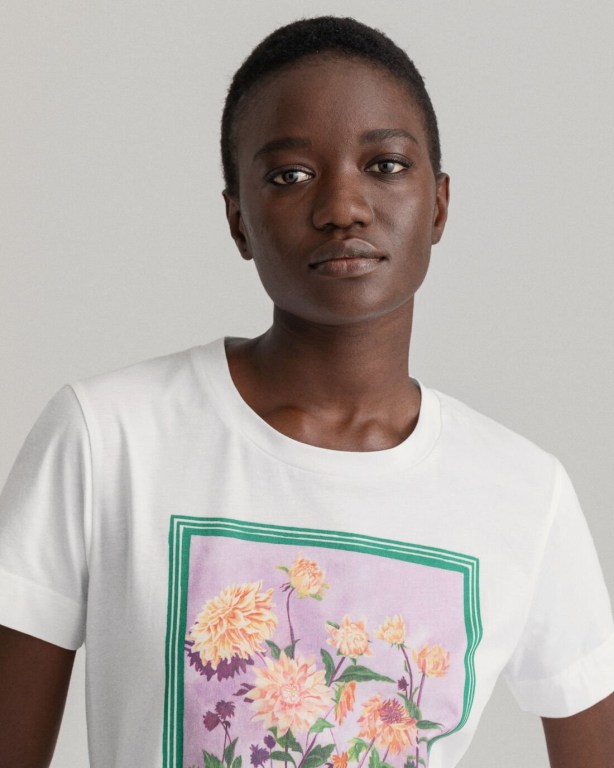 Gant Dahlia Print Women's T-shirts White | 83EcF0dkEuK