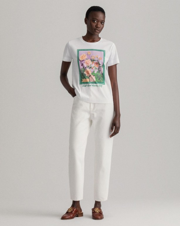 Gant Dahlia Print Women's T-shirts White | 83EcF0dkEuK