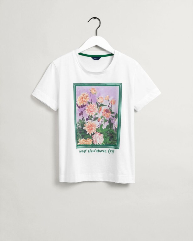 Gant Dahlia Print Women's T-shirts White | 83EcF0dkEuK