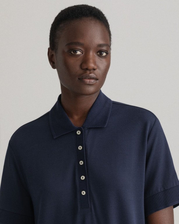 Gant Detail Collar Piqué Polo Women's Dresses Blue | CcDnDEFtRvj