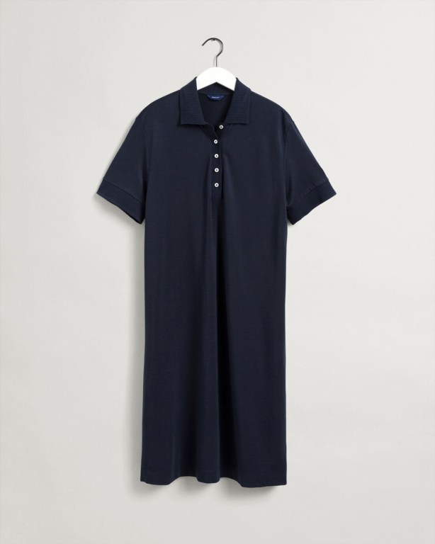 Gant Detail Collar Piqué Polo Women's Dresses Blue | CcDnDEFtRvj