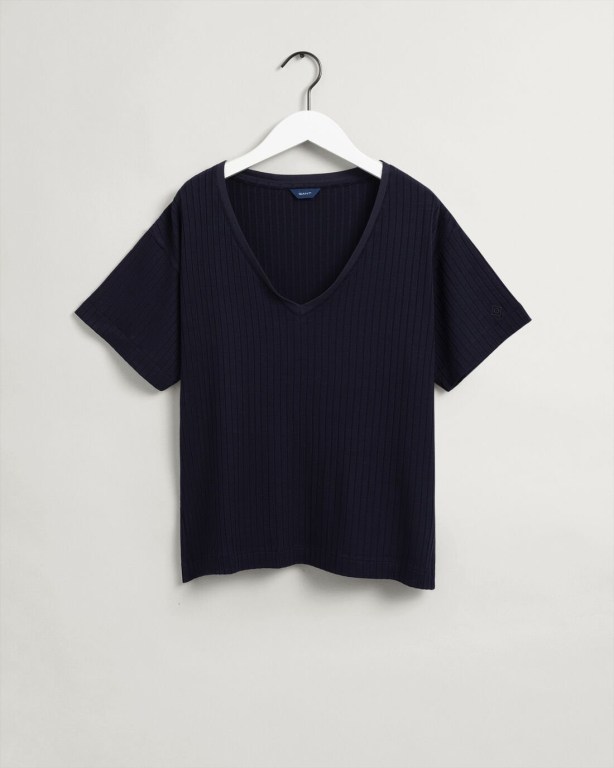 Gant Detail Slit Long-Short Sleeve Women's T-shirts Blue | KL8jy8eITb2