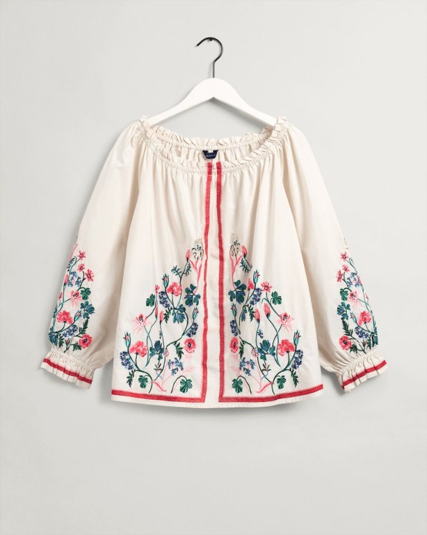 Gant Embroidered Wild Floral Print Women\'s Blouses White | 9bJyqGZ5nuu