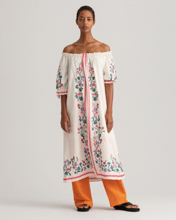 Gant Embroidered Wild Floral Print Women's Dresses White | mxc1YWKZtyd