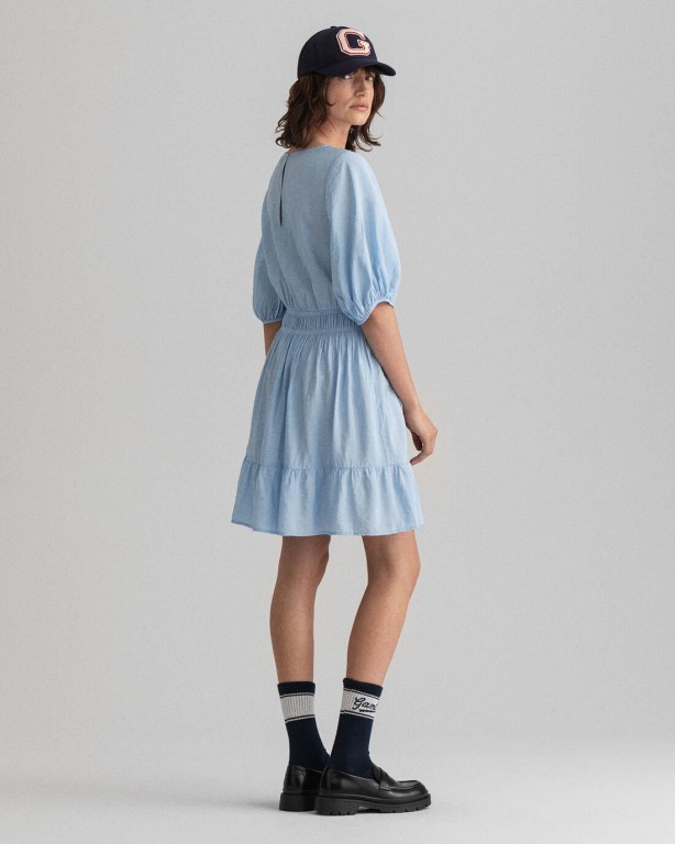 Gant Flounce Puff Sleeve Women's Dresses Light Blue | nkynGUwmO6v