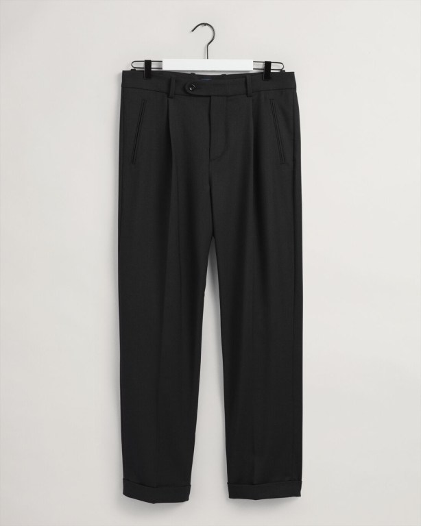 Gant Fluid Pleated Men's Pants Black | fyoyfQOjRZh