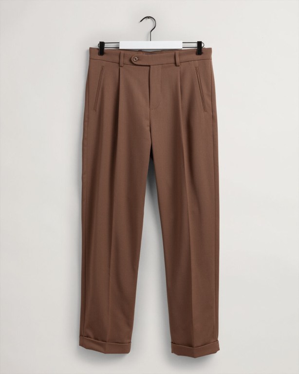 Gant Fluid Pleated Men's Pants Brown | gdBUCsi3R0f