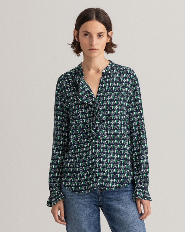 Gant Geometric Flounce Women\'s Blouses Blue | 6UQuLb52a3v