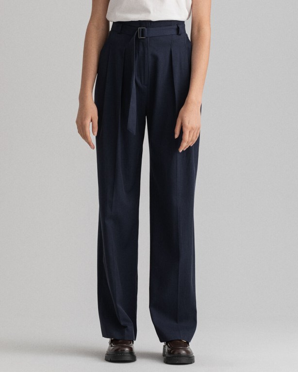 Gant High-Waisted Fluid Pleated Chinos Women's Pants Blue | JO3UmQRBtkK