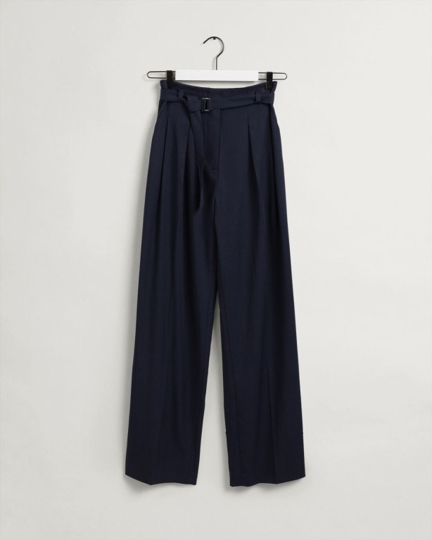 Gant High-Waisted Fluid Pleated Chinos Women's Pants Blue | JO3UmQRBtkK