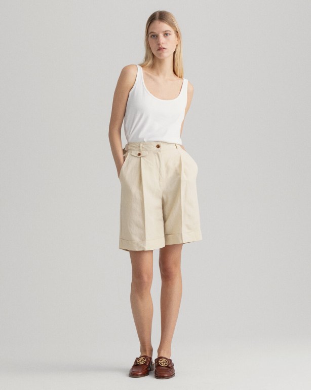 Gant High-Waisted Linen Blend Long Women's Shorts Beige | ADJBZb64Dnt