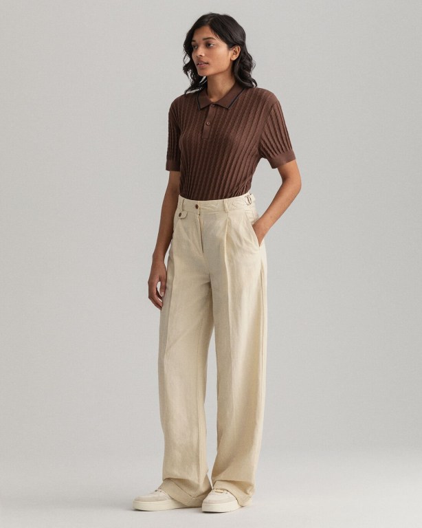 Gant High-Waisted Linen Blend Wide Leg Women's Pants Beige | HabyxLTy1JR