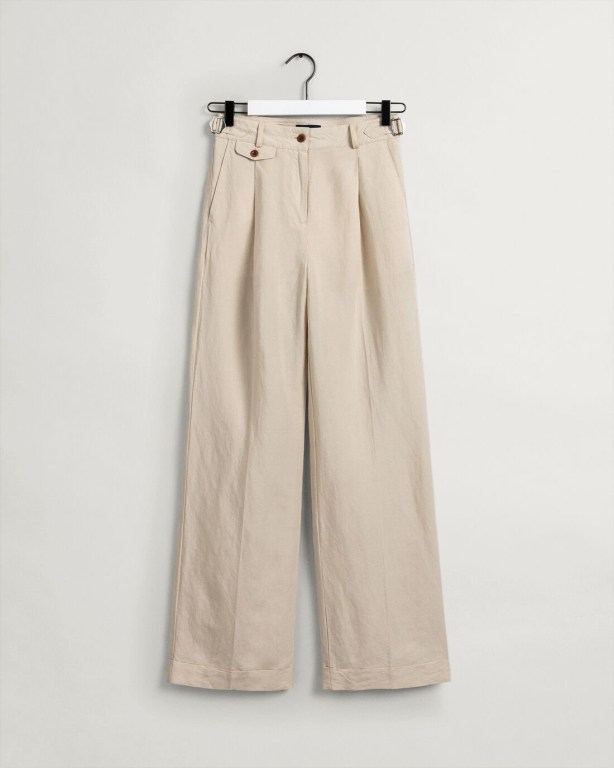 Gant High-Waisted Linen Blend Wide Leg Women's Pants Beige | HabyxLTy1JR