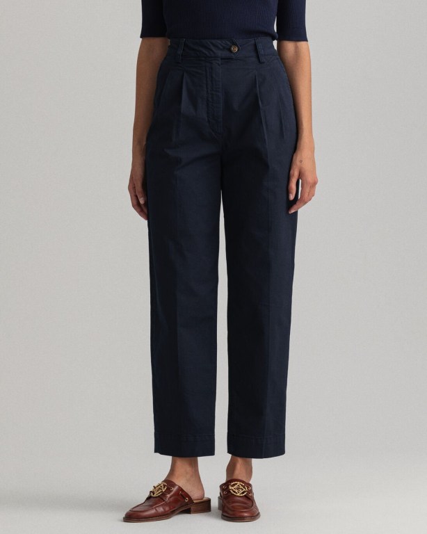 Gant High-Waisted Pleated Cotton Chinos Women's Pants Blue | tDnyH19vzeq