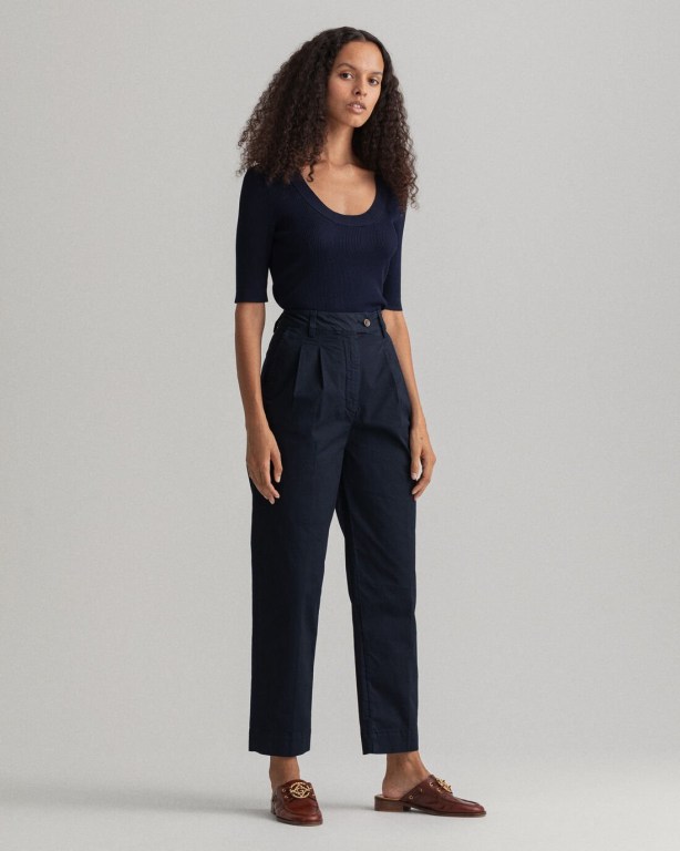 Gant High-Waisted Pleated Cotton Chinos Women's Pants Blue | tDnyH19vzeq