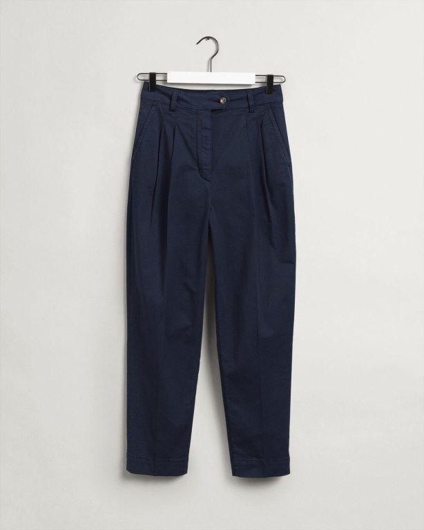 Gant High-Waisted Pleated Cotton Chinos Women's Pants Blue | tDnyH19vzeq