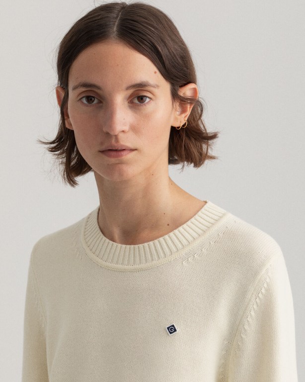 Gant Icon G Cotton Crew Neck Women's Crew Neck Jumpers Cream | YDKkZ1xJdaw