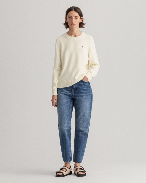 Gant Icon G Cotton Crew Neck Women's Crew Neck Jumpers Cream | YDKkZ1xJdaw