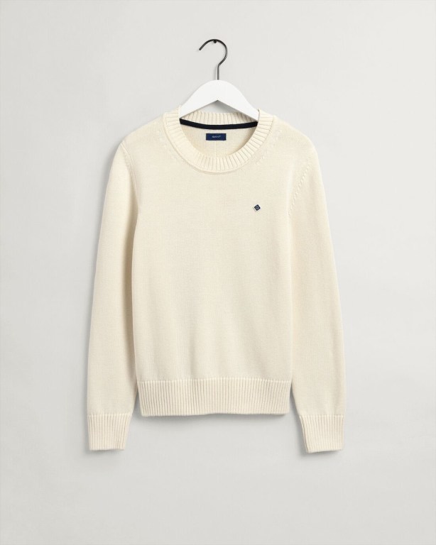 Gant Icon G Cotton Crew Neck Women's Crew Neck Jumpers Cream | YDKkZ1xJdaw